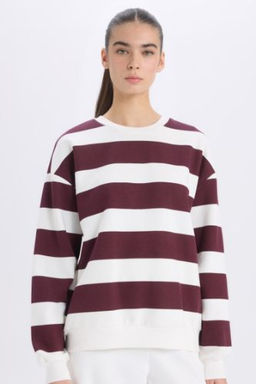 Relax Fit Bisiklet Yaka Cizgili Kal?n Sweatshirt