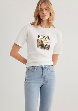 Rome Bask?l? Beyaz Tisort - Mavi фото 3