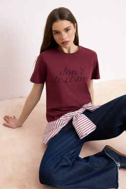 Bordo Slogan Regular/Normal Kal?p K?sa Kollu %100 Pamuk Orme T-Shirt TWOSS26TS00153