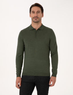 Haki Slim Fit Y_n Kar___ml_ Polo Yaka Basic Triko Kazak