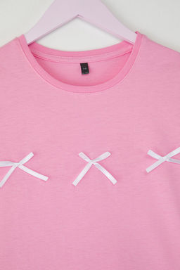 Pembe K?z Cocuk %100 Pamuk Kurdele Detayl? K?sa Kol Orme T-Shirt TKDSS25TS00105 - Trendyolmilla фото 2