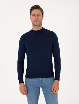 A__k Lacivert Slim Fit _eyrek Yaka Basic Triko Kazak