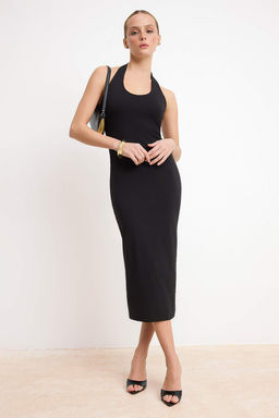 Siyah Belden Ac?lan K?sa Kollu Tok %100 Pamuk Orme Elbise TWOSS26EL00238