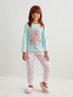 Bisiklet Yaka Bask?l? K?z ?ocuk Pijama Tak?m?