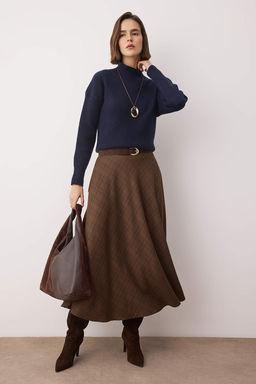 Kahverengi Ekoseli Can/A-Line Volanl? Dokuma Uzun Maxi Etek TWOAW26ET00165