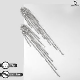 Серьги висячие со стразами Голливуд нити на кристаллах, цвет белый в серебре, 15см