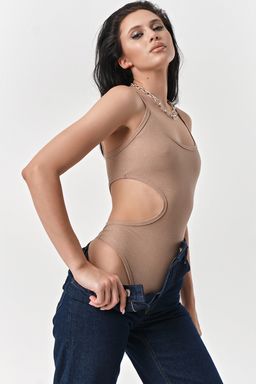 Боди из трикотажа в рубчик с люрексом мерцающий бежевый