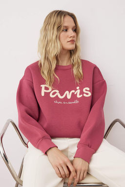 Gul Kurusu Slogan Nak?sl? Oversize/Genis Kal?p Kal?n Ici Polarl? Orme Sweatshirt TWOAW26SW00194