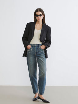 Barrel Fit Ta?l? Kad?n Jean Pantolon