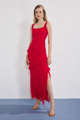 K?rm?z? F?rf?r Detayl? Tul Astarl? Maxi Abiye Gece Mezuniyet Elbisesi TPRSS25AE00174