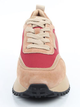 04-PDJ96-3 BEIGE/RED Кроссовки демисезонные женские (натуральная замша, натуральная кожа, текстиль)