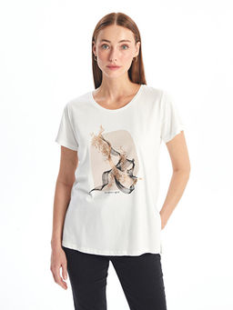 Bisiklet Yaka Bask?l? K?sa Kollu Kad?n Ti??rt