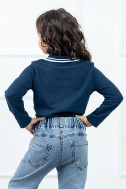 Футболка детская Поло, длин. рукав, цвет т.Синий, пике, 100% х/б - 5+ фото 2