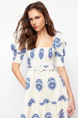 Pembe Desenli Kare Yaka Keten Gorunumlu Kemerli Midi Dokuma Elbise TWOSS24EL00779 - Trendyolmilla фото 10