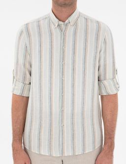 A__k Mavi Slim Fit _izgili Yakas_ D__meli %100 Keten G_mlek