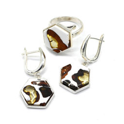 Серьги и Кольцо Соты 19*17мм с янтарём мозаика в посеребрении, 5,8г