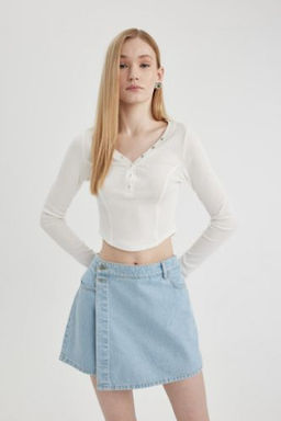 Coool Fitted V Yaka Crop Fitilli Kaskorse Uzun Kollu Tisort