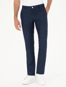Lacivert Slim Fit %100 Keten Pantolon