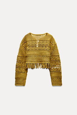 SHORT MACRAME CARDIGAN WITH FRINGING - Zara фото 5
