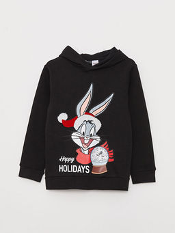Kap??onlu Bugs Bunny Bask?l? Y?lba?? Temal? Uzun Kollu Erkek ?ocuk Sweatshirt