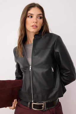 Siyah Fitted Kal?p Suni Deri Biker Ince Ceket Mont TWOAW26MO00085