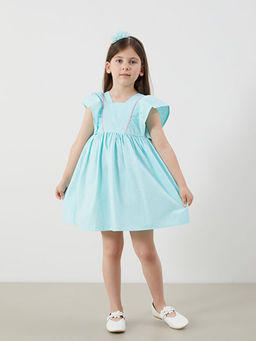 Kare Yaka Keten G?r?n?ml? K?z ?ocuk Elbise