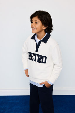 Oversize Geni_ Kal_p Polo Yaka Bask_l_ Selanik Kuma_ Sweatshirt Erkek _ocuk