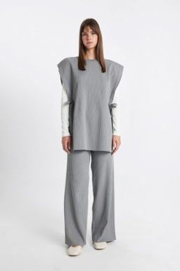 Relax Fit Triko Pantolon Beli Lastikli Basic Duz Genis Paca