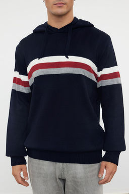 Lacivert Slim Dar Kesim Kapusonlu Cizgili Triko Kazak TMNAW21KZ0517