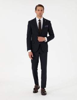 Lacivert Extra Slim Fit _izgili Tak_m Elbise