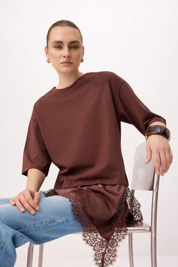 Siyah Oversize/Genis Kal?p Asimetrik Dantel Detayl? %100 Pamuk Orme T-shirt TWOSS26TS00296 - Trendyolmilla фото 5