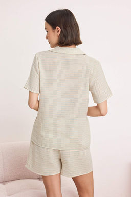 Bej %100 Pamuklu Cizgili Muslin Dokuma Pijama Tak?m? THMSS26PT00135