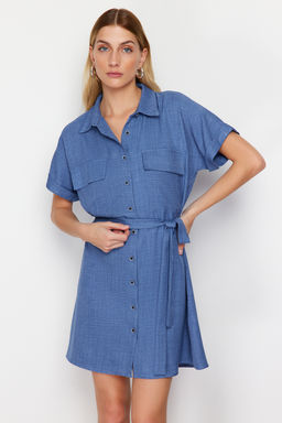 Indigo Kusakl? Cep Detayl? Mini Dokuma Gomlek Elbise TWOSS24EL00350 - Trendyolmilla фото 3