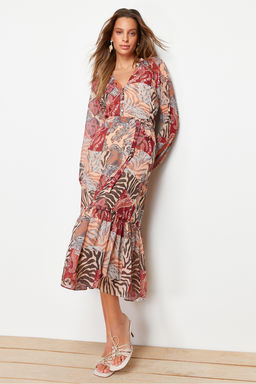 TRENDYOLMILLA Cok Renkli Kusakl? Etnik Desenli Etegi Volanl? Astarl? Midi Dokuma Elbise TWOAW24EL00356  фото 14