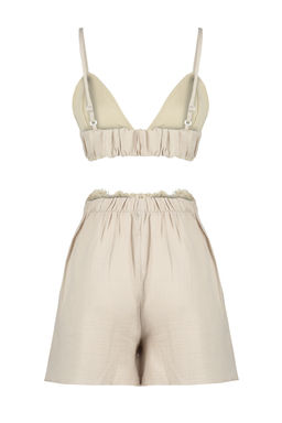 Trendyolmilla Premium Bej %100 Pamuklu Puskul Detayl? Ip Ask?l? Muslin Sortlu Dokuma Pijama Tak?m? THMSS24PT00076  фото 9