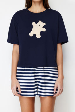 Trendyolmilla Lacivert %100 Pamuklu Ay?c?kl? Sortlu Orme Pijama Tak?m? THMSS24PT00039 фото 8