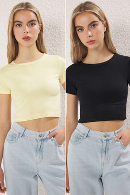 Trendyolmilla Premium Siyah-Ekru 2li Paket Crop Viskoz/Yumusak Kumas Esnek Orme Bluz TWOSS23BZ00108 фото 10