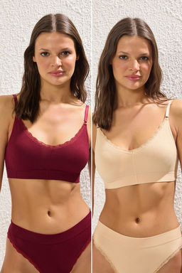 TRENDYOLMILLA Ten-Bordo 2li Seamless/Dikissiz Dantel Detayl? Balensiz Kaps?z Bralette Orme Sutyen THMSS25SU00018