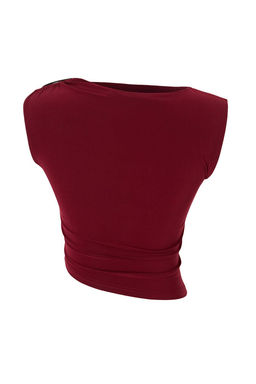 Limited Edition Bordo Duz Kay?k Yaka Kolsuz Orme Sandy Bluz TPRSS26BZ00062