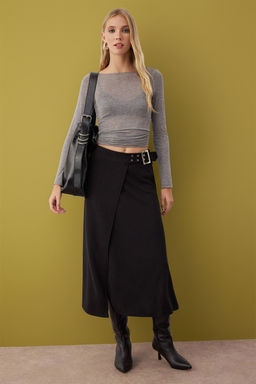 Siyah Kemer Detayl? Skater Esnek Krep Orme Etek TWOAW26ET00116