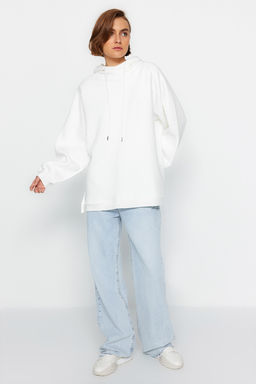 Ekru Kapusonlu Oversize Sardonlu Orme Sweatshirt