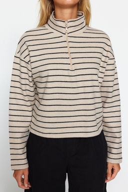 Ac?k Bej Cizgili Selanik Fermuarl? Dik Yaka Regular/Normal Kal?p Orme Sweatshirt TWOAW22SW0732