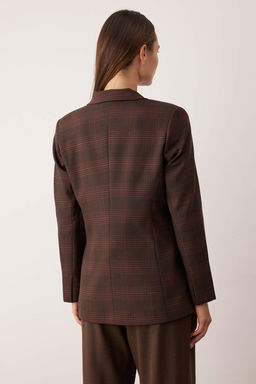 Kahverengi Ekoseli/Kareli Normal Kal?p Kruvaze Kapama Dokuma Blazer Ceket TWOAW26BC00061