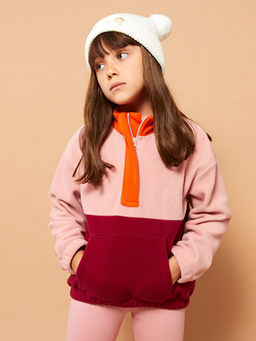 Dik Yaka Renk Bloklu Uzun Kollu Polar K?z ?ocuk Sweatshirt