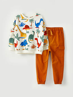 Bisiklet Yaka Uzun Kollu Bask?l? Erkek Bebek Sweatshirt ve Pantolon 2li Tak?m