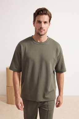 Haki Oversize/Geni_ Kesim Yumu_ak Dokulu _nterlok Basic T-Shirt TMNSS26TS00003