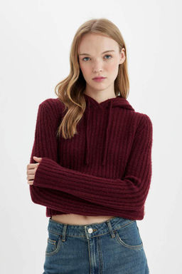 Женский однотонный укороченный трикотажный свитер обычного кроя с капюшоном - Defacto фото 4