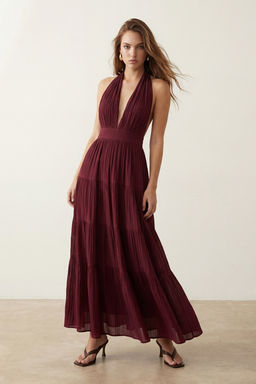 Bordo S?rt Dekolteli Maxi Dokuma Elbise TWOSS26EL00946
