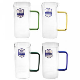 Кружка стеклянная 350мл Байкал тонкостенное, боросиликатное стекло, цветная ручка, 6х6см h12,5см, горло 5,9х5,9см, основание 5,5х5,5см, набор 4 штуки, в подарочной коробке, Делисога (Delisoga) (Китай)