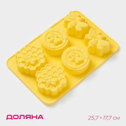 Форма для выпечки Доляна «Пчелиный рай», силикон, 6 ячеек, 25.7×17.7×3 см, жёлтая